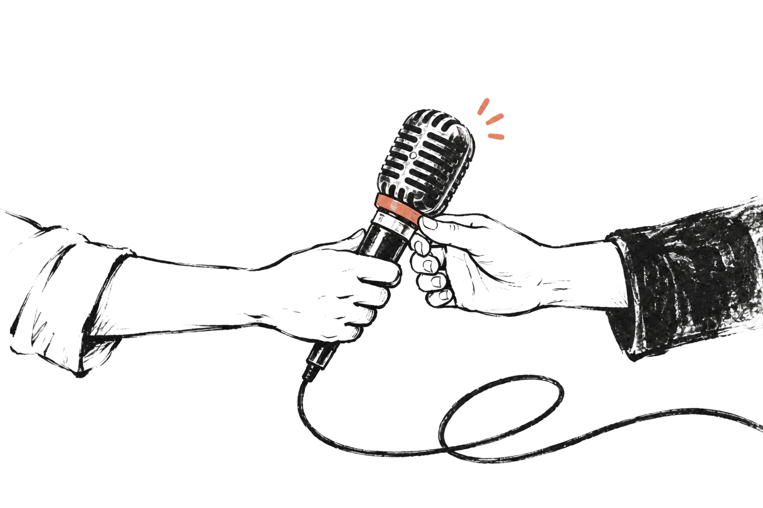 A hand-drawn microphone being passed between two hands.